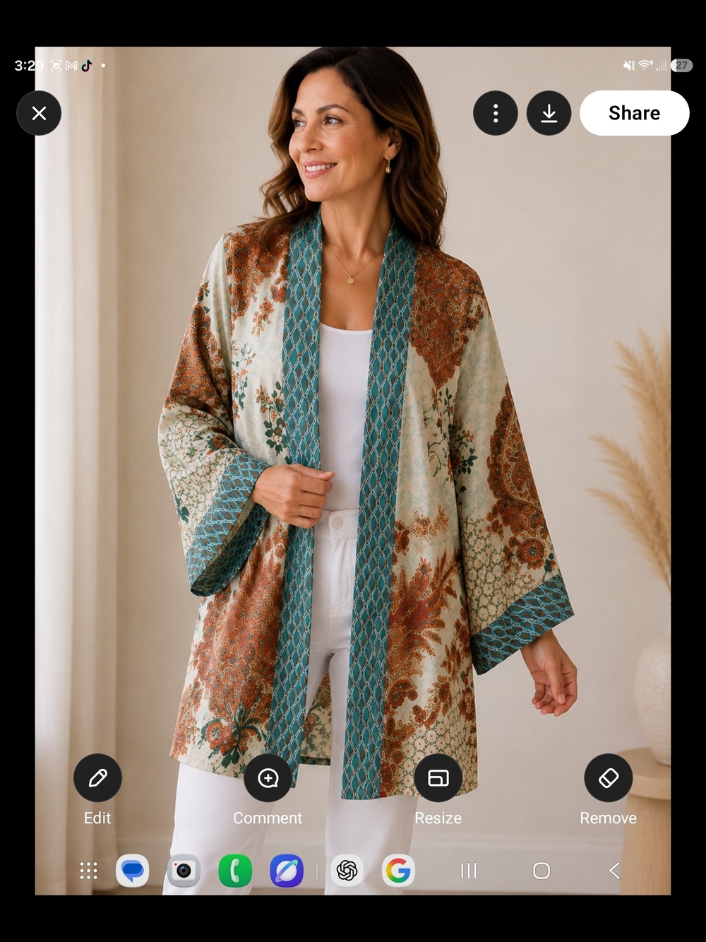 Chico's Teal-Trim Rust and Cream Floral Kimono Jacket